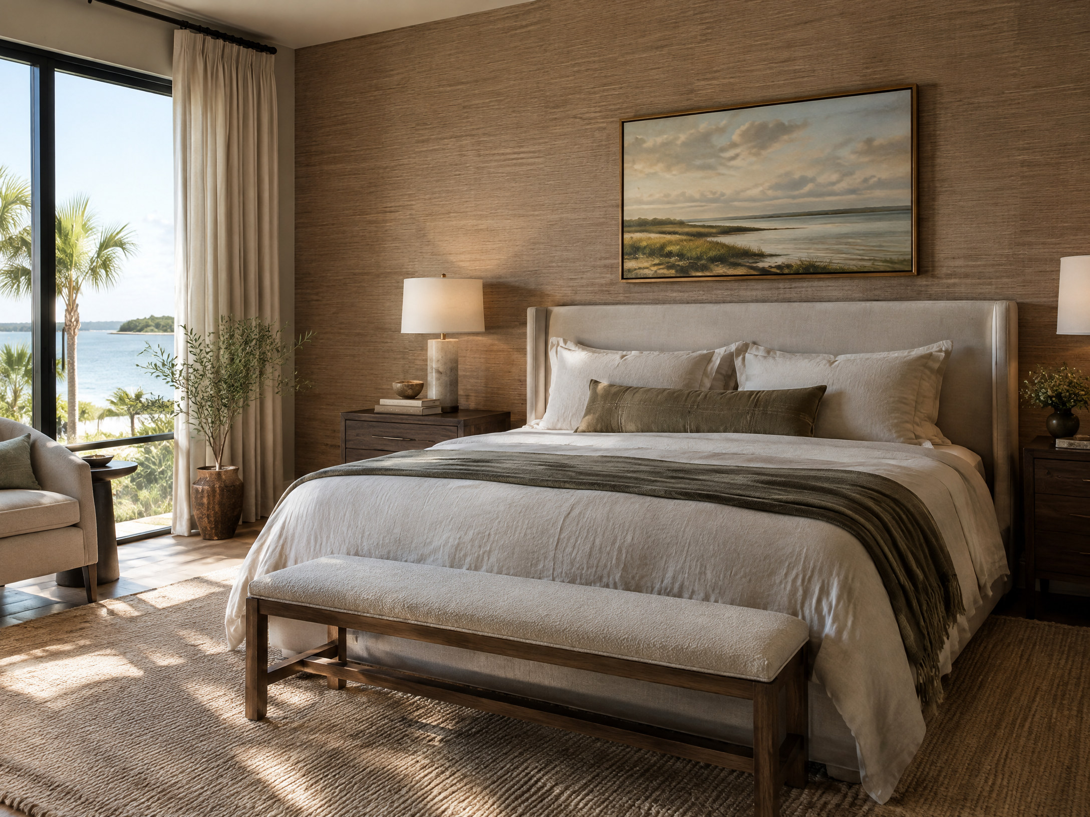 Textured wallpaper in a calm luxury bedroom