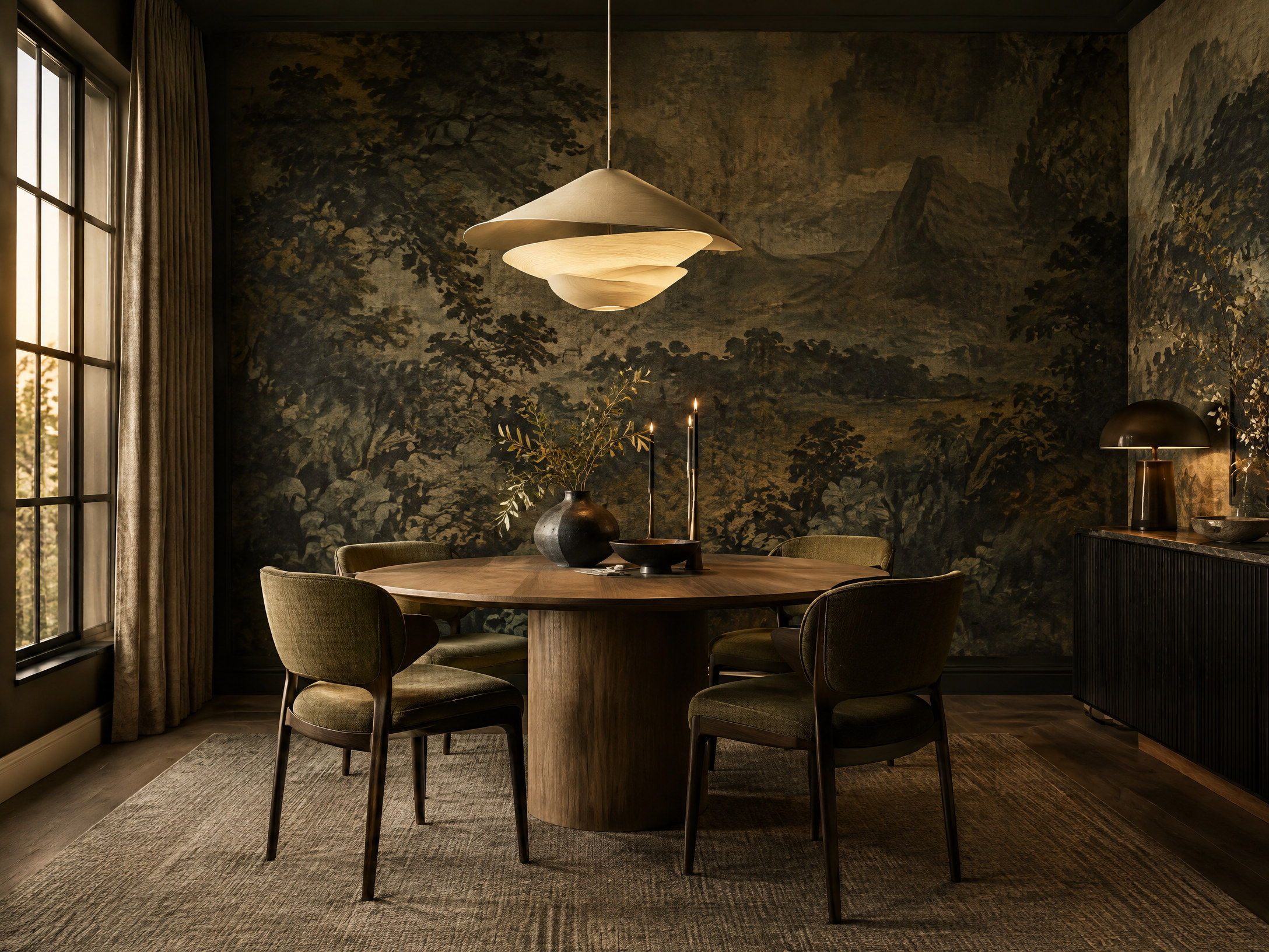 Dark mural wallpaper in an elegant dining room