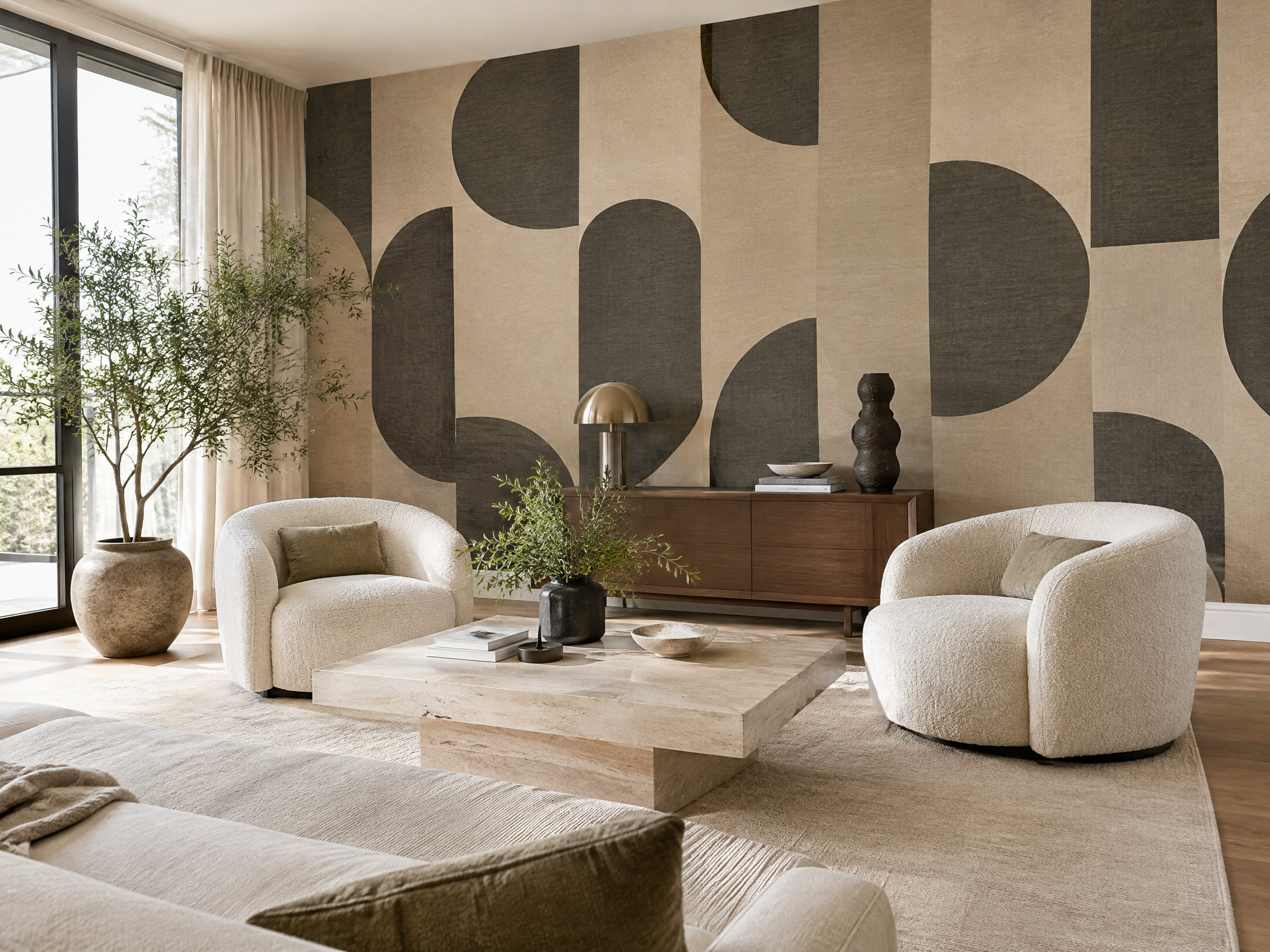 Geometric wallpaper accent wall in a bright living room